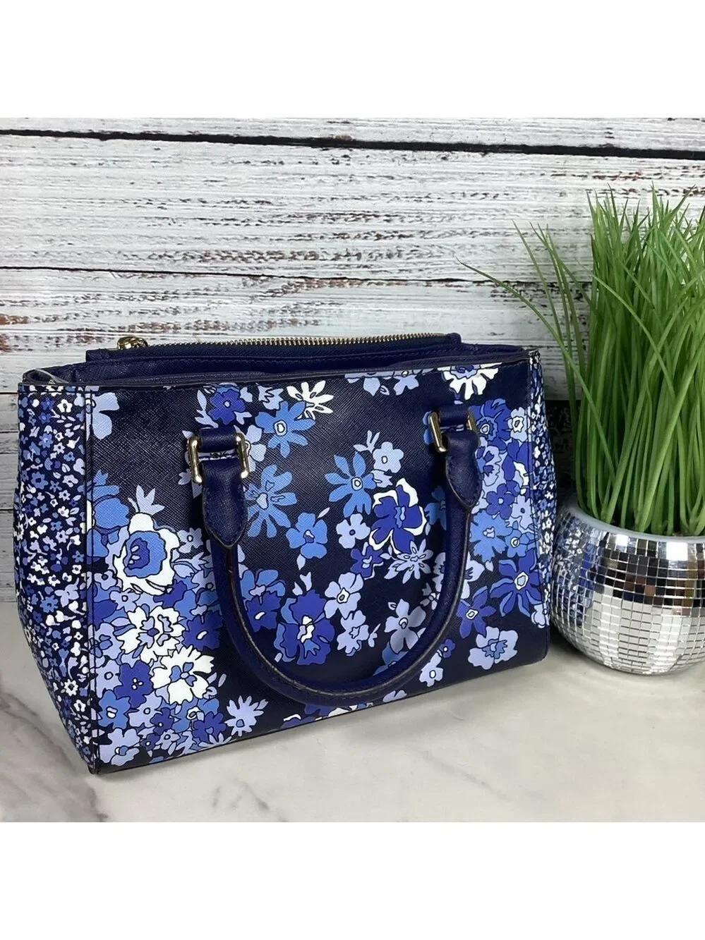 Michael Kors Kellen Blue hand bag Satchel with Floral Design Crossbody Purse guc